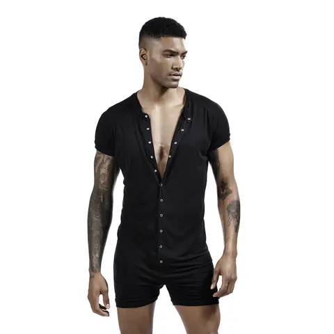 SEOBEAN Men's Button Short Sleeve jumpsuit - Comfortable Solid Color Loose High Elastic Home Clothes Sleepwear
