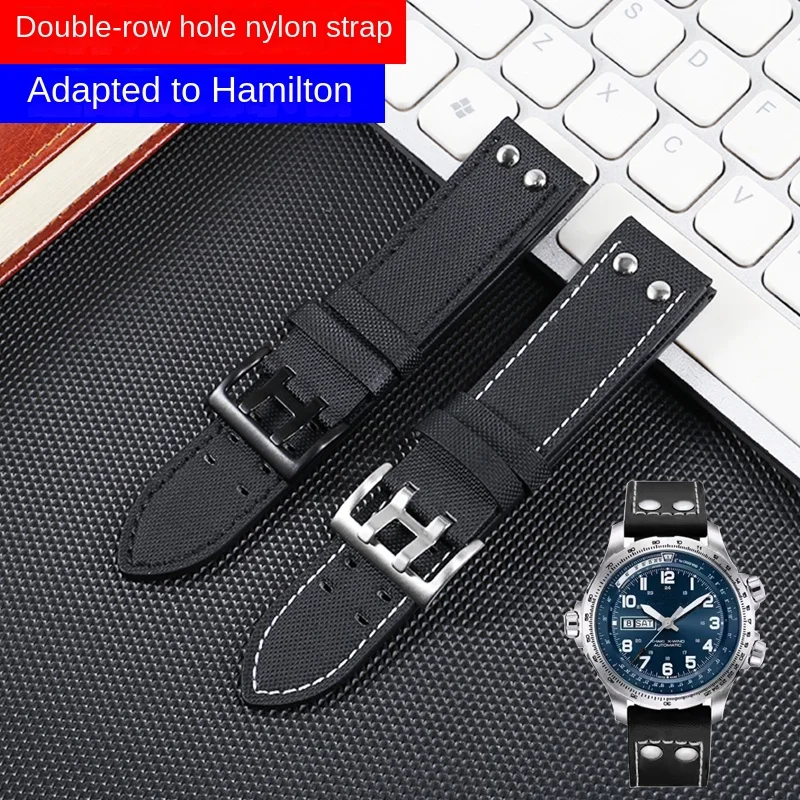 

Needle Buckle Canvas Watch Strap Substitute Khaki Aviation Field Jazz Series Flat Interface Double Row Hole Nylon Strap 20/22mm