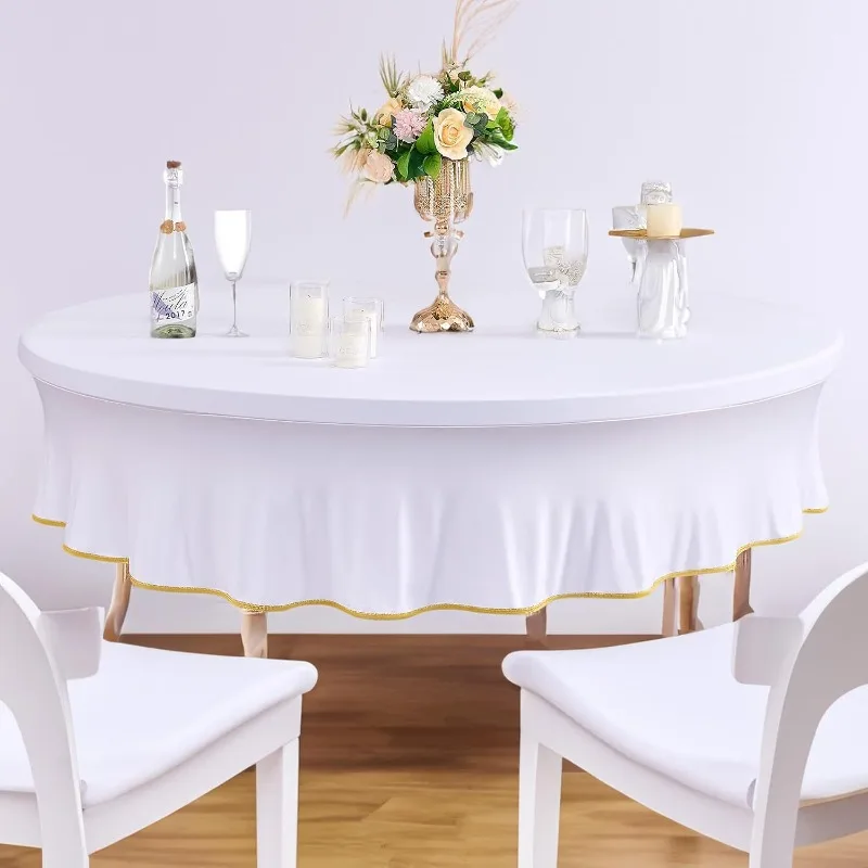 6FT White Short Jellyfish Spandex Round Table Cover Gold Trim Decor Anti‑Slip Elastic Tablecloth for Wedding Party Decoration