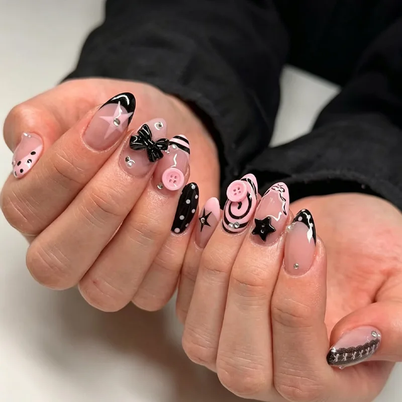 24Pcs Autumn Winter Polka Dot French False Nails Press on Almond Tips Black Bow Lace Design Nails Star Diamond Pink Fake Nail