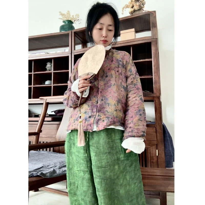 Ramie manches longues imprimé fleuri ramie mince chemises et haut femmes 2025 été automne nouveau Style Vintage lâche Cardigan Blouses