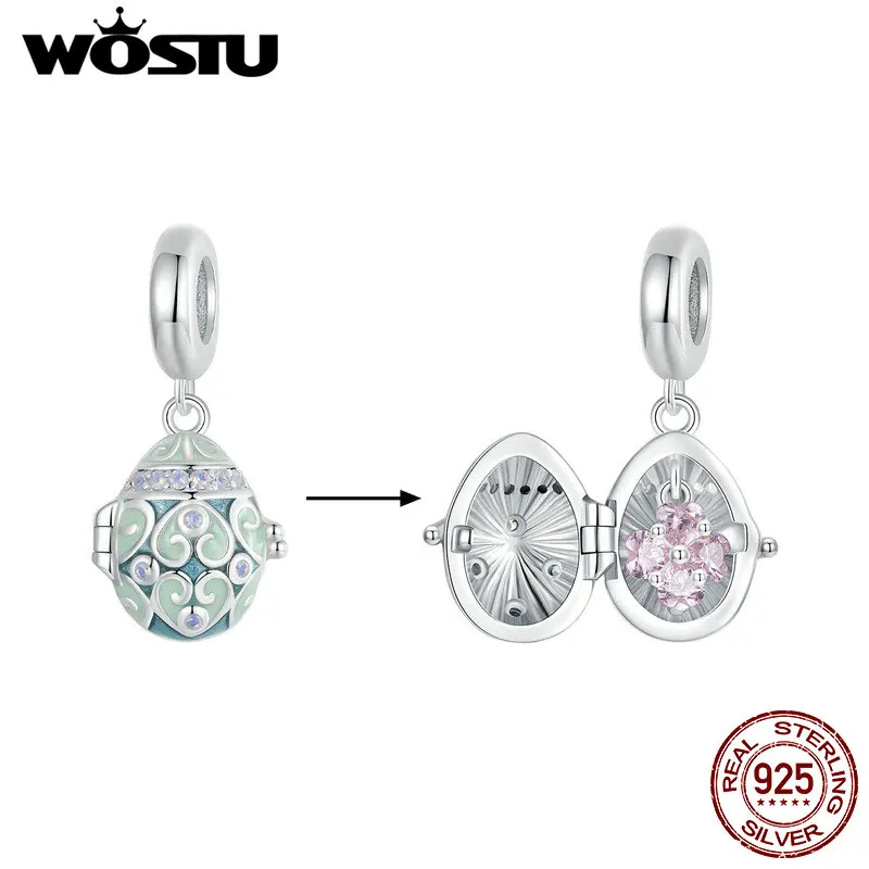 WOSTU 925 Sterling Silver Colorful Easter Charm Lucky Egg Pendant Silicone Stopper Murano Beads Fit Original Bracelet DIY Gifts