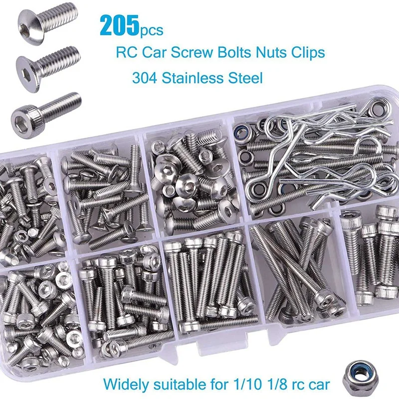 205Pcs Stainless Steel Rc Countersunk Screw Kit For 1/10 1/8 Traxxas Slash Rustler Axial Hsp Hpi Arrma Redcat Rc Truck