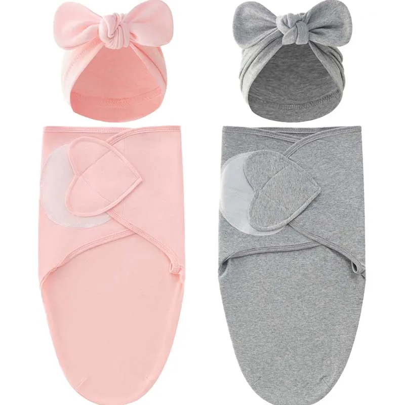 

2Pcs/set Newborn Baby Sleeping Bag Hat Cotton Love Bow Infants Swaddle Wrap Muslin Blanket for Boy Girl Adjustable Sleepsack New