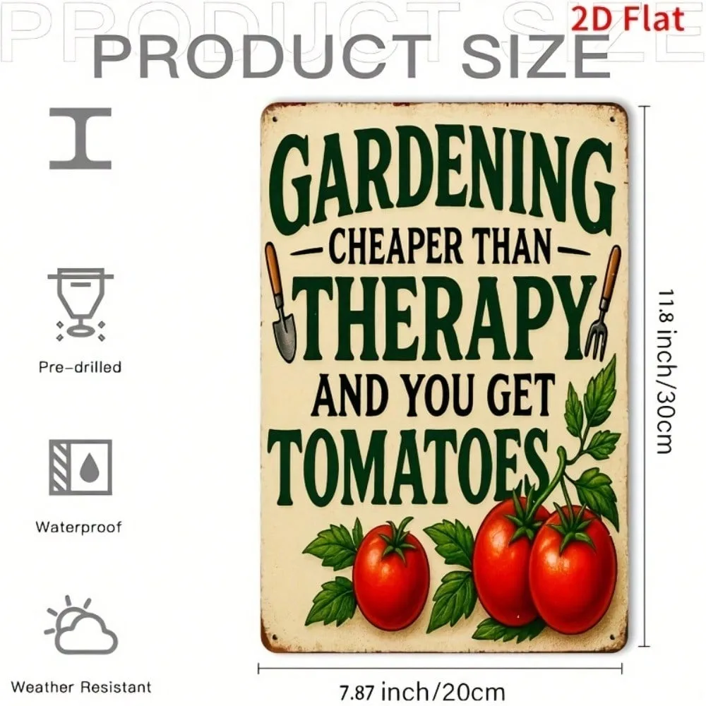 Vintage Metal Wall Sign, 8x12 Inch 2D Flat Gardening Quote Iron Art Sign With Tomato Gardening Tools Pattern, Rustic Farmhous