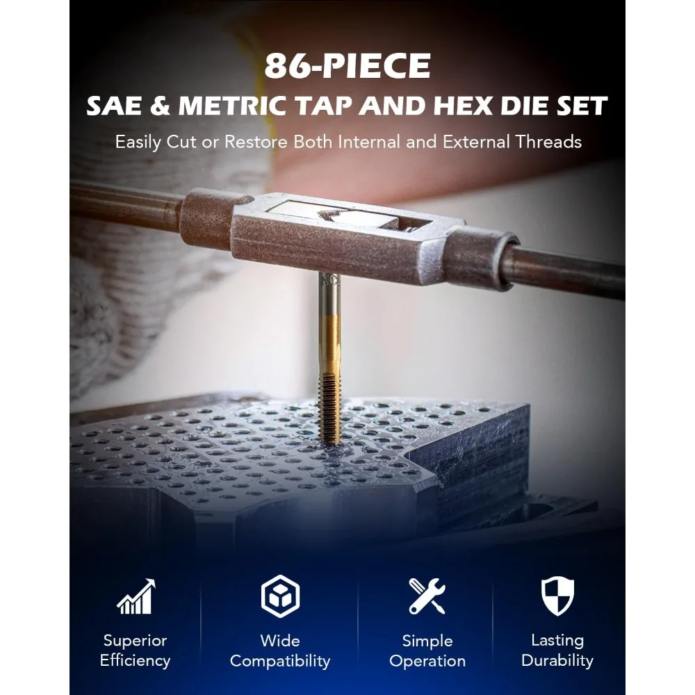 مجموعة أوريون موتور تك 86 قطعة من الحنفية والقالب في SAE والمترية، مجموعة صنبور فولاذي مطلي بالتيتانيوم ومجموعة أدوات يموت لميكانيكا مالك المنازل