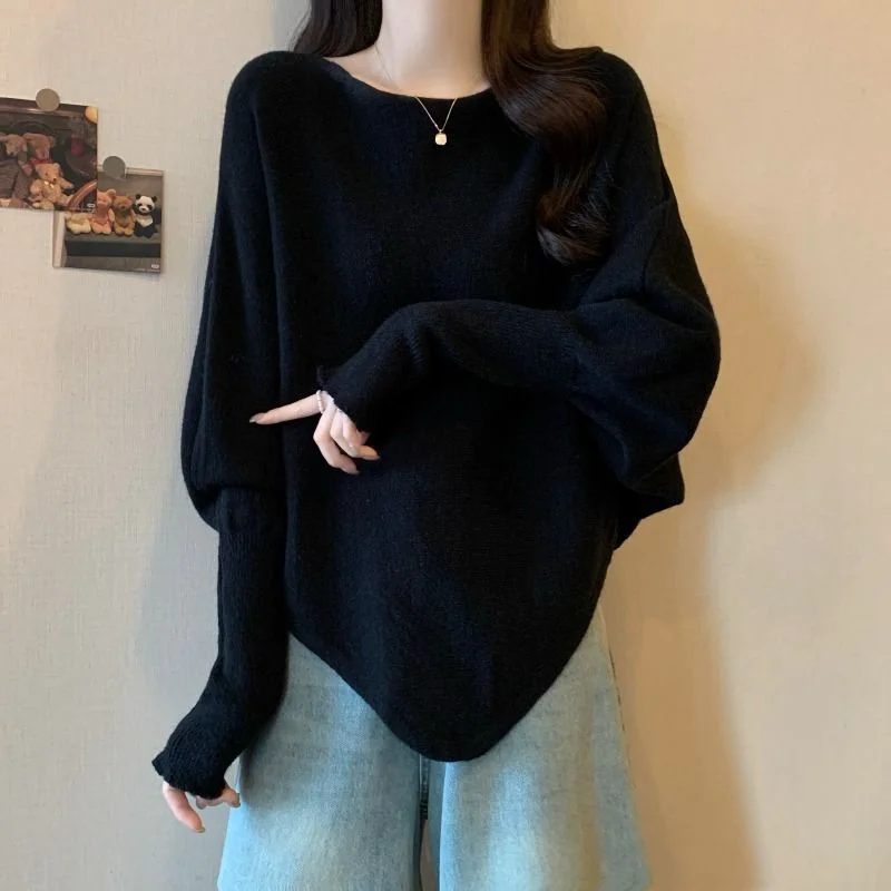 Knitted Sweater Women Solid Color Pullover Long Sleeve Irregular Bat Sleeve Cape Top