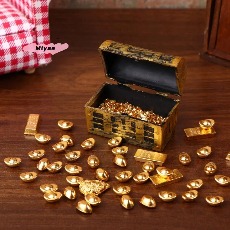 1Set Dollhouse Miniature Treasure Box 1/12 Mini Simulation Pirate Treasure Chest Ingot Gold Bar Model Doll House Decor Accessory