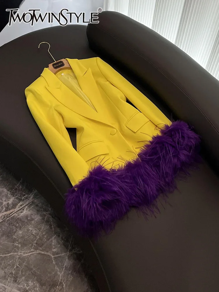 TWOTWINSTYLE New Hit Color Chic Blazers For Women Notched Collar Long Sleeve Patchwork Feathers Fashion Blazer Female KJA 524948