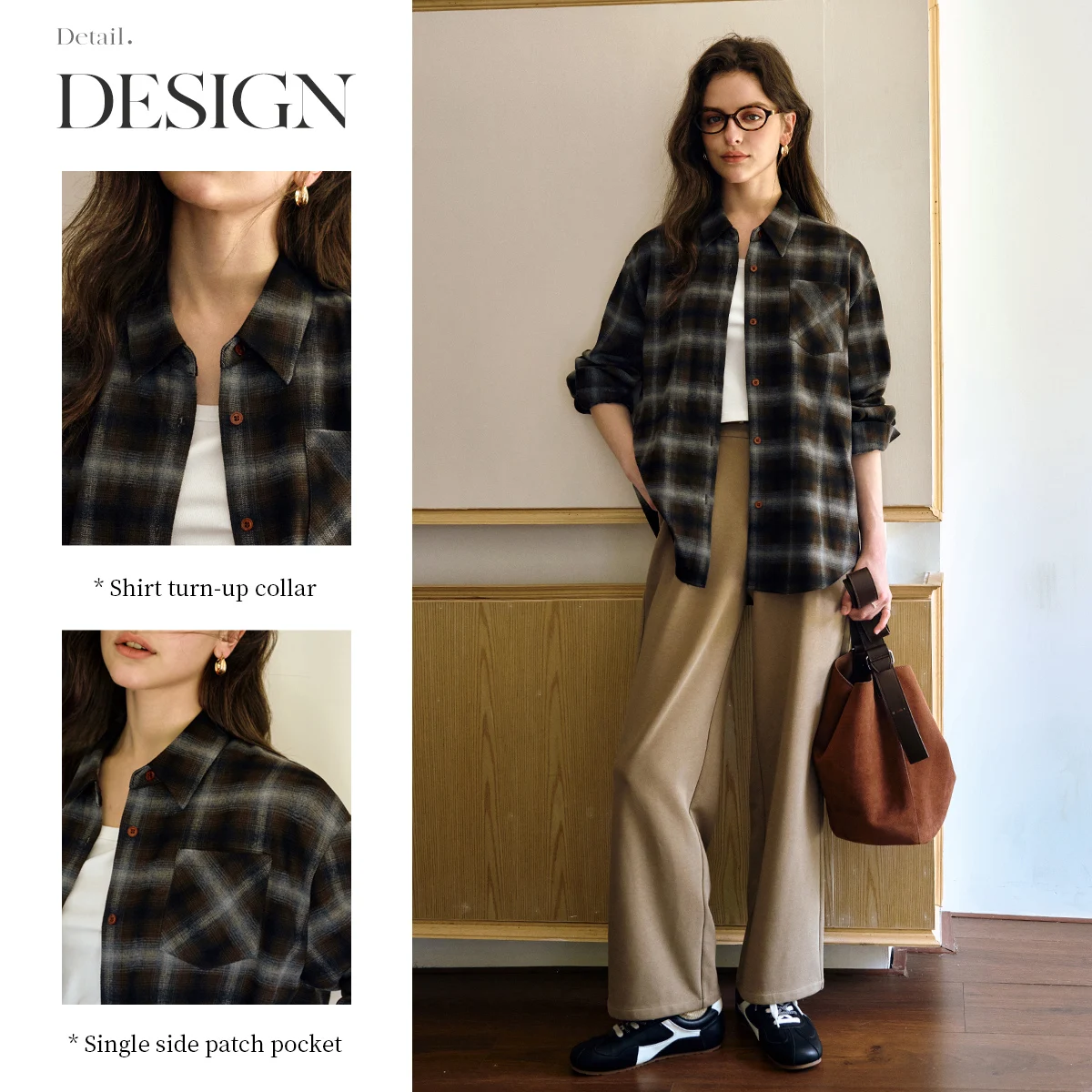 OLrain Women's Plaid Shirt 2025 Autumn New Arrival Casual Vintage Loose-fit Long-sleeve Turn-down Collar Shirt Tops O57QC001152