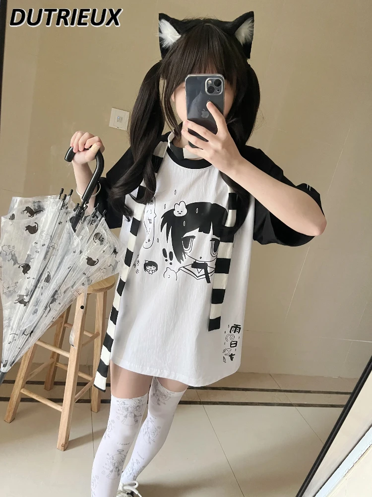 

Japanese Original Short Sleeve Cotton All-Match T-shirt Summer New Student Black White Color Matching Round Neck Loose Top