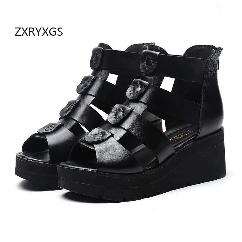 Zxryxgs sapatos de boca de peixe de couro genuíno sandálias pretas 2025 novas sandálias femininas de verão confortáveis cunhas sandálias sapatos romanos maré