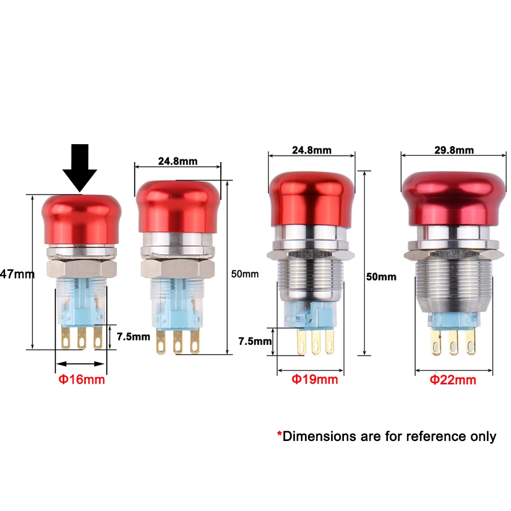 16/19/22mm metallo alluminio interruttore di arresto di emergenza interruttore a pulsante a scatto NO NC 2NO 2NC terminale Pin pulsante di arresto