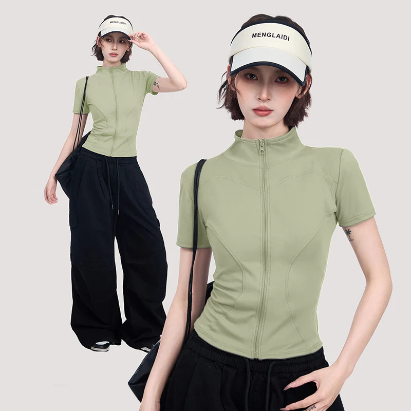 

Женская облегающая футболка с эластичными молниями 2025, быстросохнущая плотная футболка с воротником-стойкой, женская уличная футболка с коротким рукавом для йоги