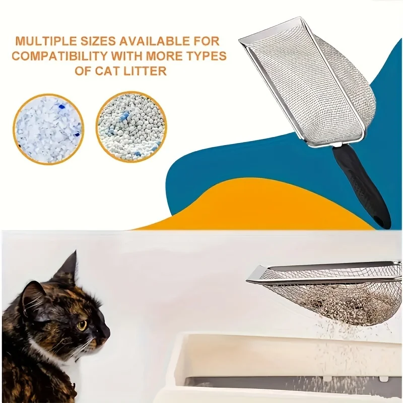 Fast Sifting Cat Litter Scoop, Stainless Steel Mesh Metal Litter Sifter Shovel with Long Handle, Easy Clean Pet Waste Tool, 1Pc