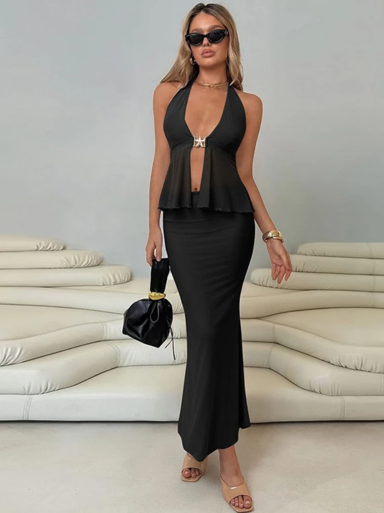 

FDYOUI Women's Elegant Starfish Mesh Patchwork Tops+Long Skirts Matching Sets Female Sexy Vacation Beach Dress 2 Pieces Set Blue