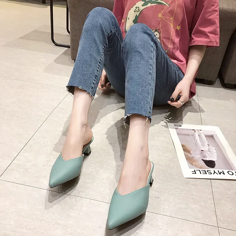 Thin Heels Pointed Toe Female Shoes Ladies\' Slippers Low Shallow Mules For Women Luxury Slides New Designer Fashion Bas