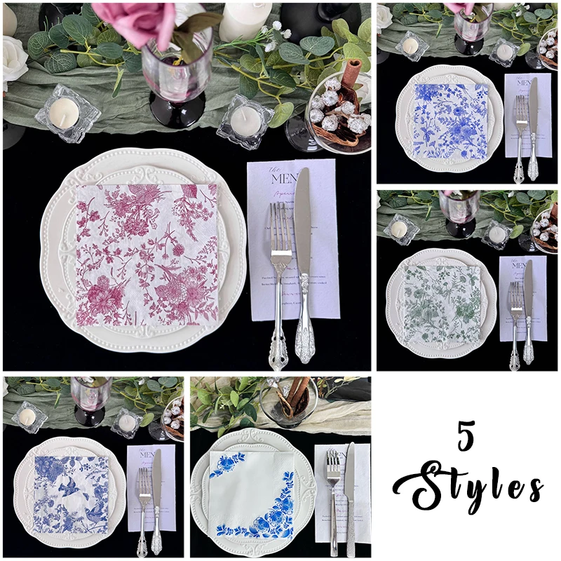 

Classic Blue Cyanotype Chinese Style Paper Napkins 20 Pcs Pure Wood Pulp Eco-Friendly Elegant Printed Table Napkins for Party