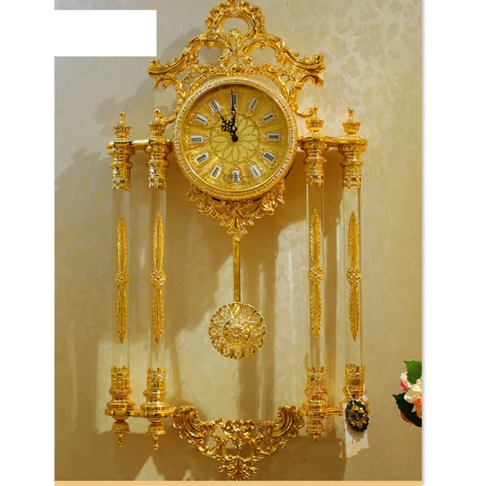 Valuable Luxury Antique Brass With 24K Gold Plated Wall Decorative Copper Hanging Clock Gilded Bronze Wall Clock With Pendulum