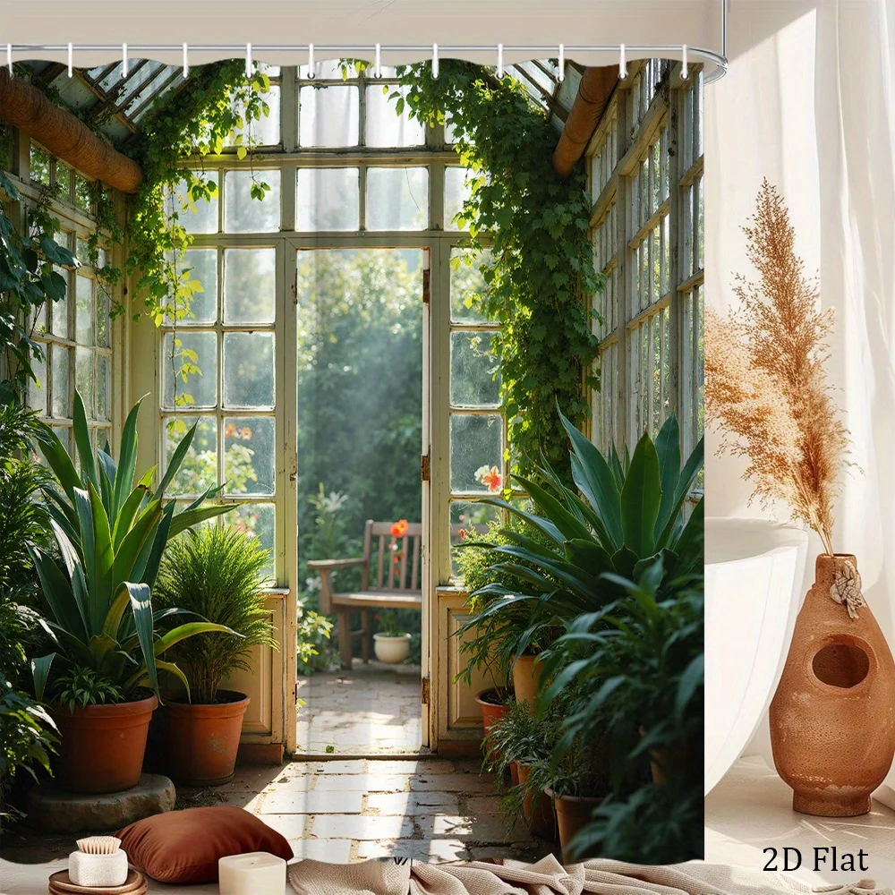 1pc a Sunlit Greenhouse Shower Curtain Featuring Rustic Glass Designs with Climbing Vines And Agave Plants, Creating a Tranquil