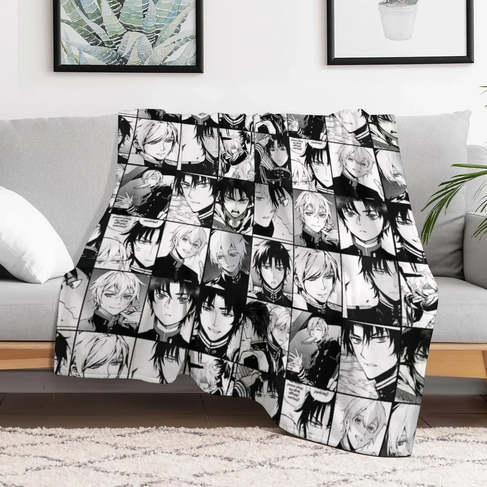 Shinya Hiragi and Guren Ichinose - manga collage Throw Blanket Soft Big Blankets For Bed Cute Plaid Flannel Fabric Blankets