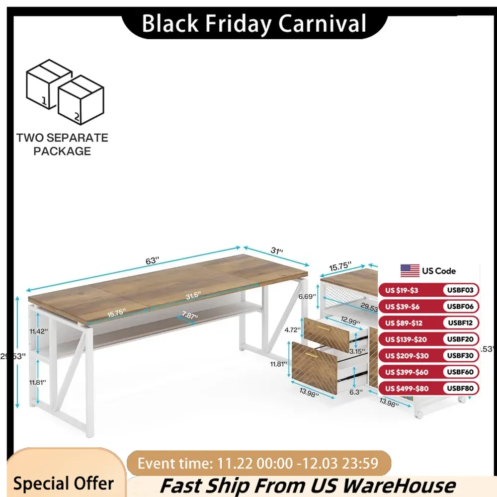 

L-shaped Desk with Drawer Cabinet, 63 Inch Administrative Computer Desk and Horizontal Filing Cabinet, 2-piece Set Furniture