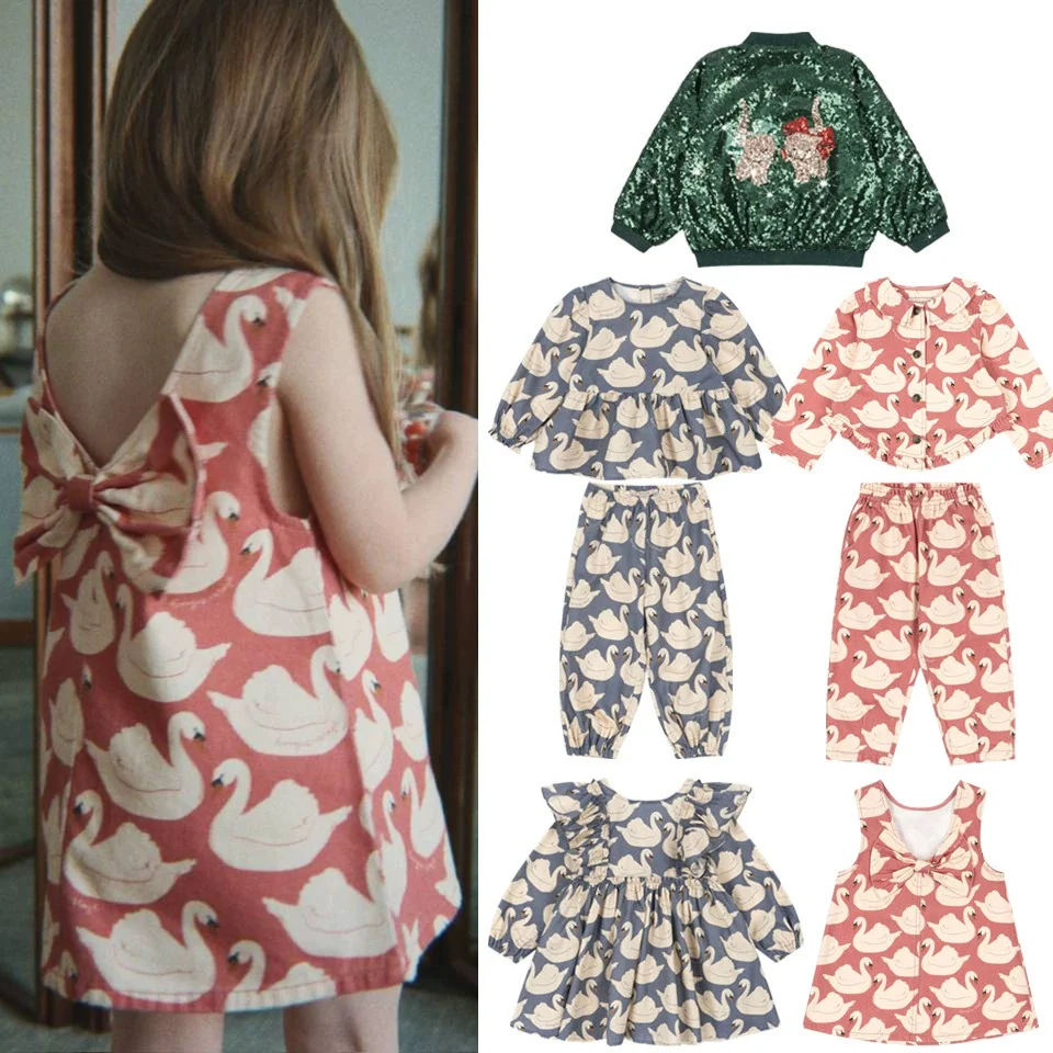 2026 KS Baby Girls Swan Set Princess Dresses Kids Clothes Girls Christmas Party Bow Sequins Layered Dress Children Skirts Pants