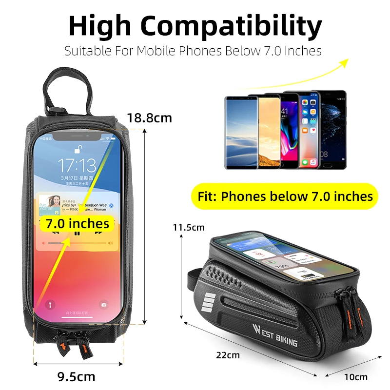 WEST BIKING Bicycle Bag 7.0 Inch Phone Bag Waterproof Front Frame Cycling Bag Sensitive Touch Screen MTB Road Bike Bag