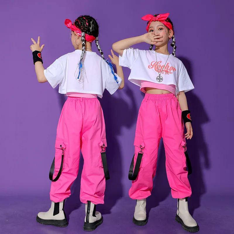 Hip Hop Girls Crop Top Pink Cargo Pant Kids Sweatshirt Street Dance Clothes Sets Child Jazz Sweet Outfit Teen Streetwear Costume