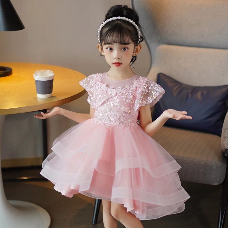 Vestido de cumpleaños de princesa para niños, vestido de malla de cola, vestido de novia para niña pequeña, vestidos de princesa, falda esponjosa, nuevo