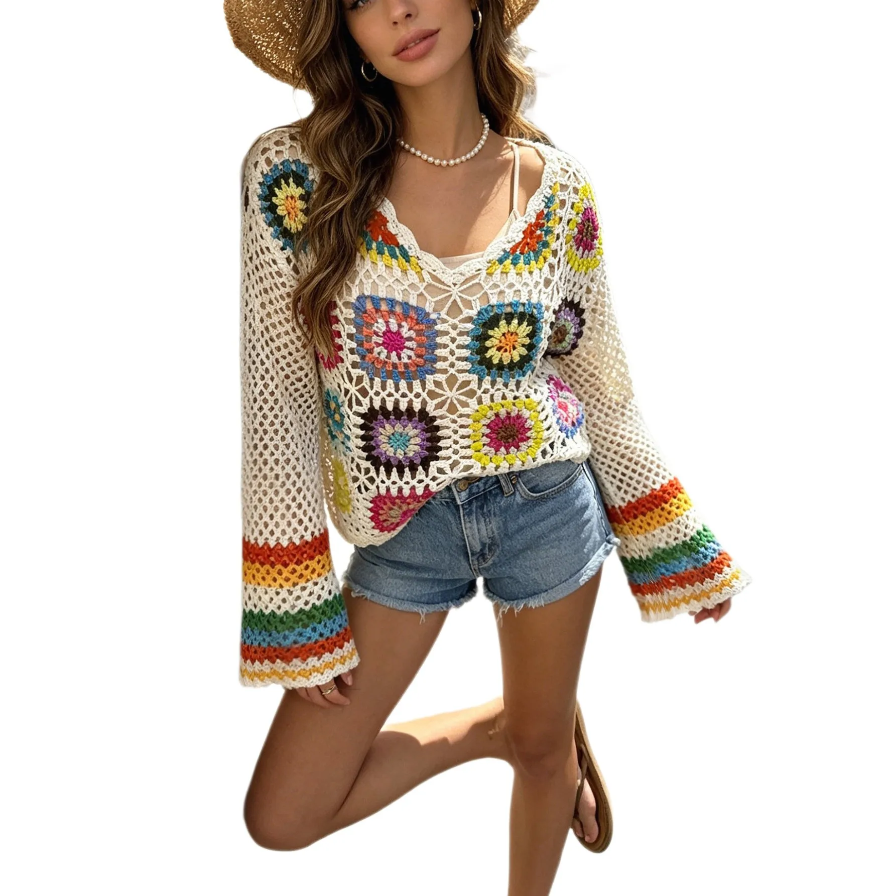 Openwork Hollow Out Top Layered Artistic Style with Lightweight Loose Fit Hand Finished Bell Sleeve Wave Neckline Women Swimsuit
