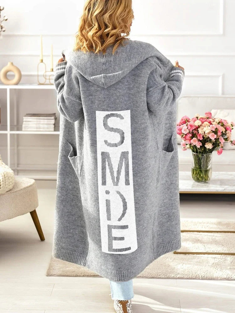 Letter Hooded Cardigan Knit Sweater Women Spring Autumn Winter Maxi Soft Spring Loose Coat Long Knitted Jacket Cardigan Jumpers