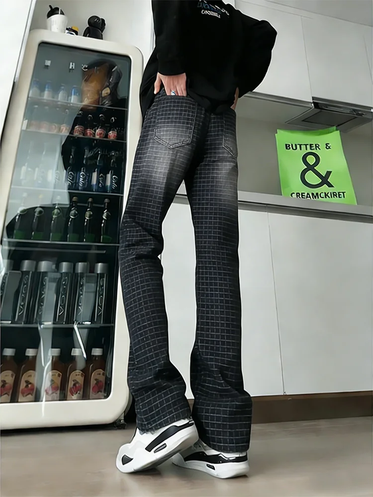 

Graduated Checkered Denim Jeans Men's Design Sensation High Street Slim Fit Pants Elastic Straight Leg Micro Flared Pants