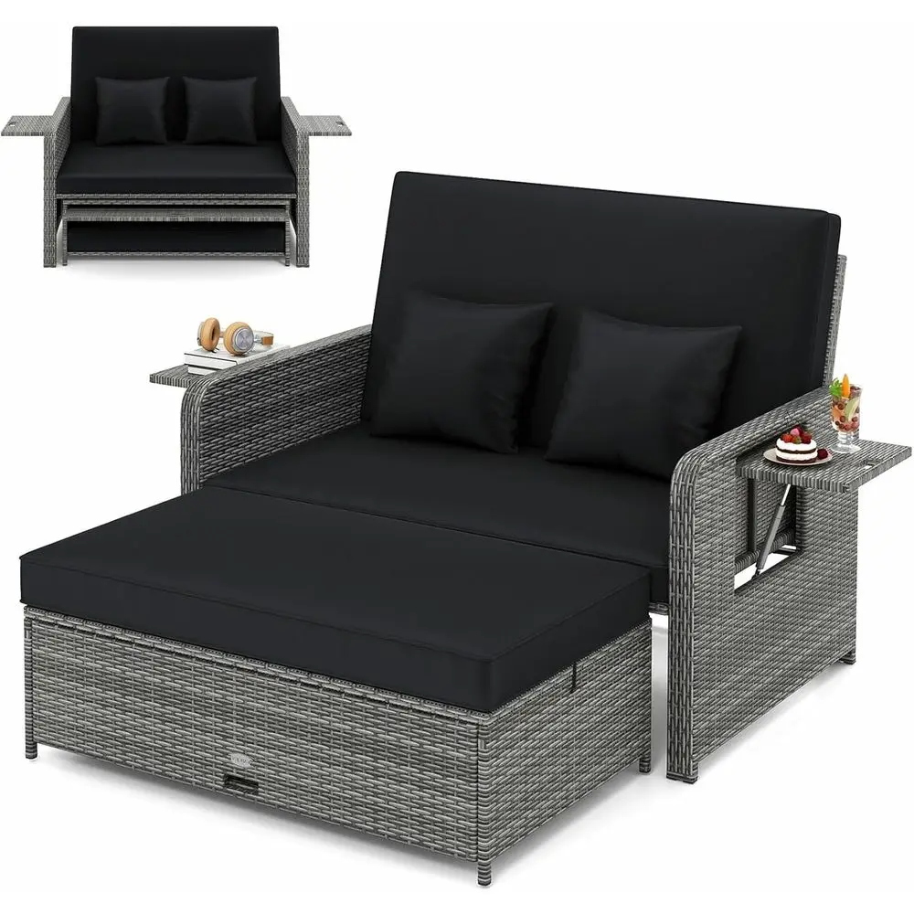 

Outdoor Wicker Loveseat Sofa Set with Adjustable Backrest, Storage Ottoman, Cushions, Gray and Black Patio Furniture