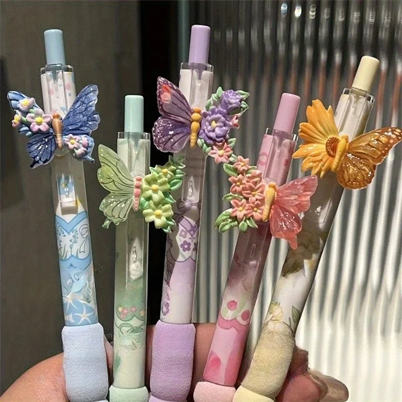 5-teiliges Set schwarzer Gelstifte mit zufälligen Farben und floralen Schmetterlingsmotiven, hochwertig, geeignet für Büro- und Studienzwecke, vielseitig einsetzbar, im Ins-Stil, ästhetisch ansprechend, mädchenhaft, ideal für Prüfungen, superweich, schnell trocknend, perfekt zum Üben des Schreibens – Detail 2