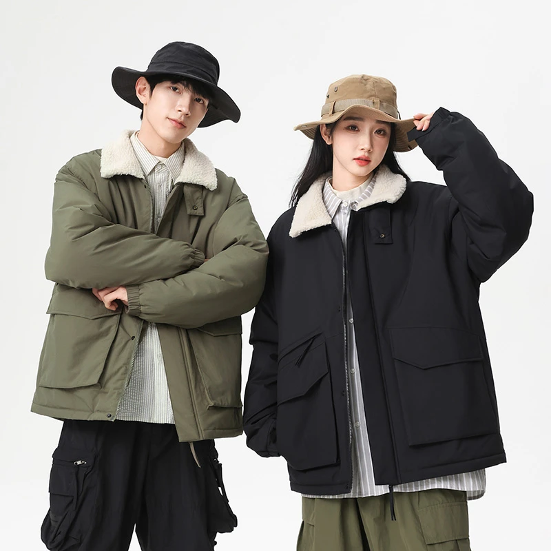 Korean Fashion Winter Warm Men Parkas Solid Color Loose Windbreaker Coats Couple Casual Thick Windproof Cotton Jacket for Men