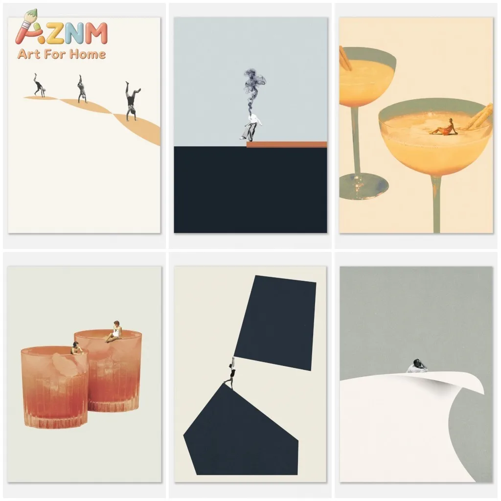 AZNM Abstract Surreal Collage Canvas Wall Art Minimalist Geometric Cocktail Tiny Human Figures Neutral Tone Modern Aesthetic Liv