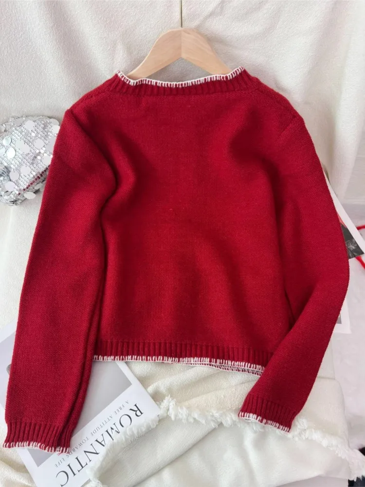 New Color-block Stitching Knitted Cardigan Autumn And Winter Round-neck Retro Commuting Casual Women's Long-sleeved Sweater