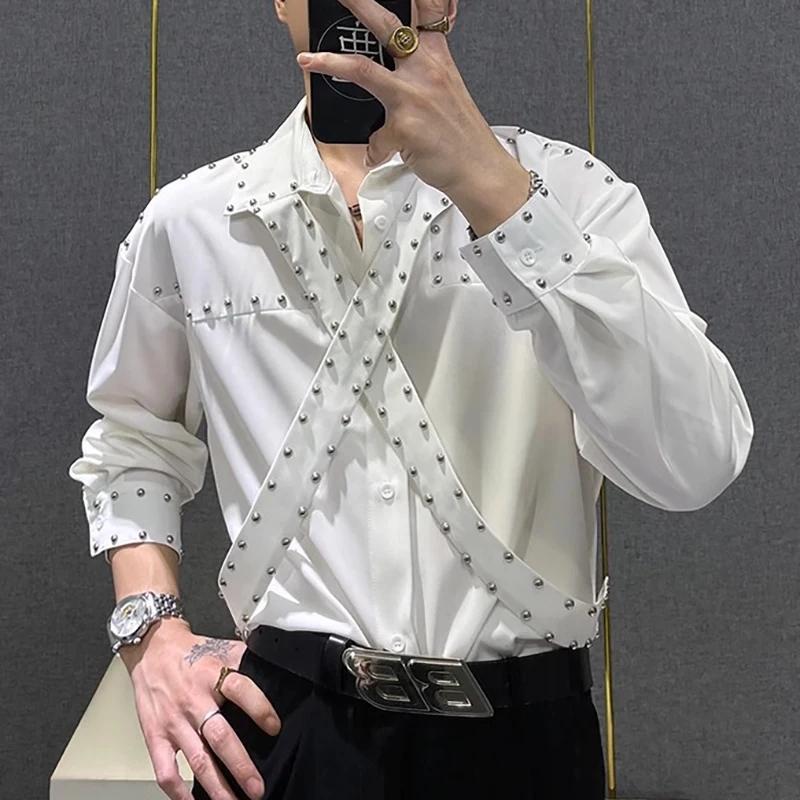 Nail Bead Stitching Shirt Men\'s Camisa Social Masculina 2024 Trend Brand Fashion Black White Belt Multiple Wearing Styles Shirts