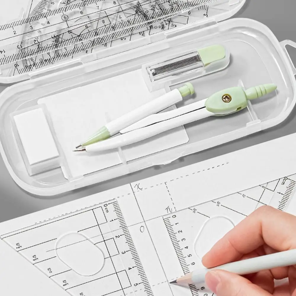 8PCS/Set Plastic Ruler Compasses Set Transparent Eraser Protractor Set Square Straight Ruler Measuring Ruler Students