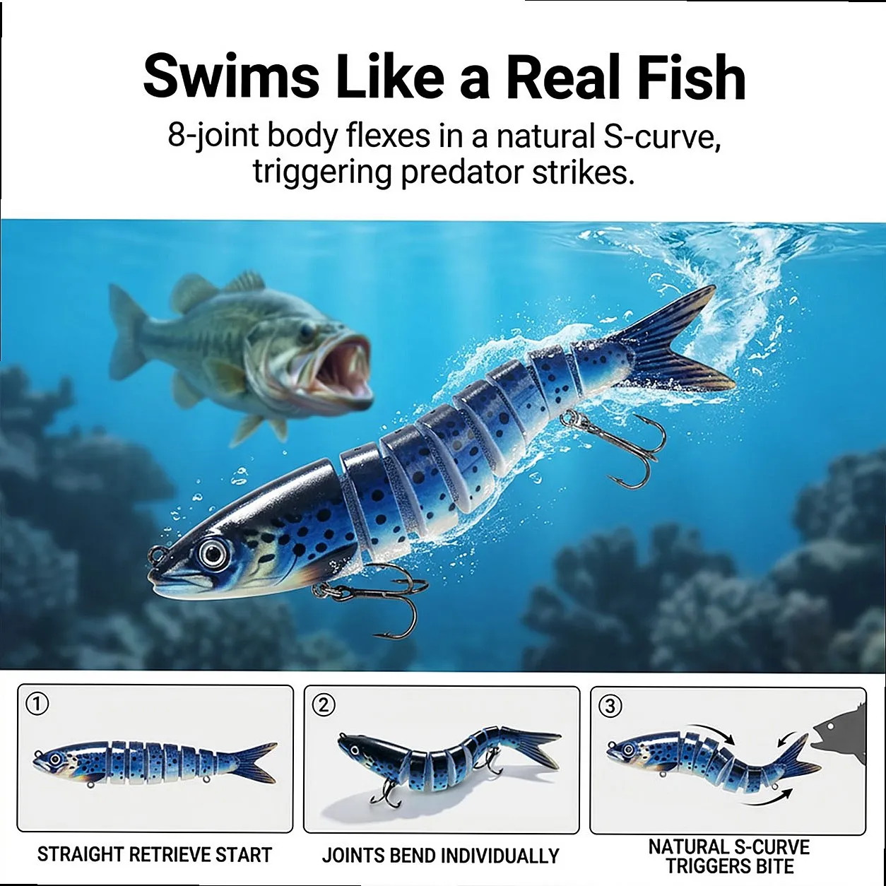 Suspending Minnow Bait 3/5/10 Pack 8-Segment Sinking Swimbait Internal Rattle 3D Eyes for Trout Salmon in River Current