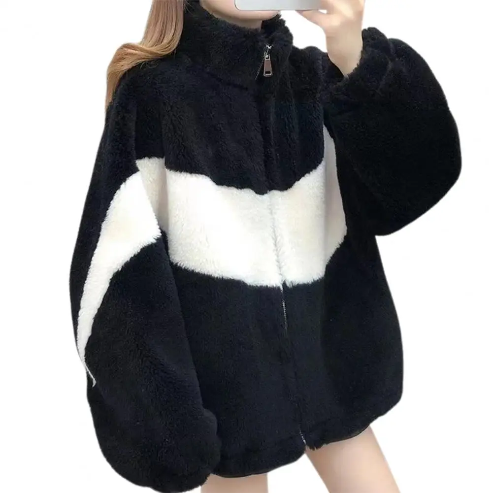 Loose Women Winter Jacket Coat Thick Faux Lamb Velvet Colorblock Zip-up Outerwear Stand Collar Thermal Thick Jacket