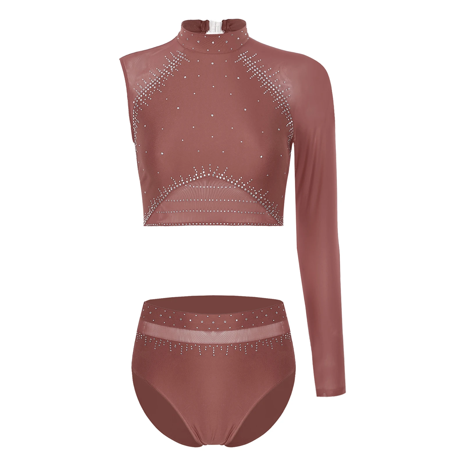 Womens Figure Skating Dance Outfit One Shoulder Long Sleeve Ballet Dance Crop Top with Leotard Briefs Rhinestones Dance Wear