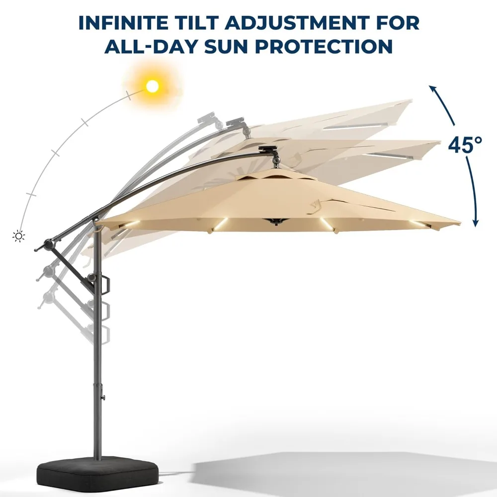 

10 ft Offset Patio Umbrella with Solar Lights, LED Lighted Umbrella Outdoor Patio with Base Included, Heavy Duty, Customized