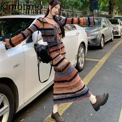 Kimotimo Striped Knitted Two Piece Sets Women Korean Style Sexy Long Sleeve Cardigan Autumn Winter Sweater Sling Dress Y2k Suits