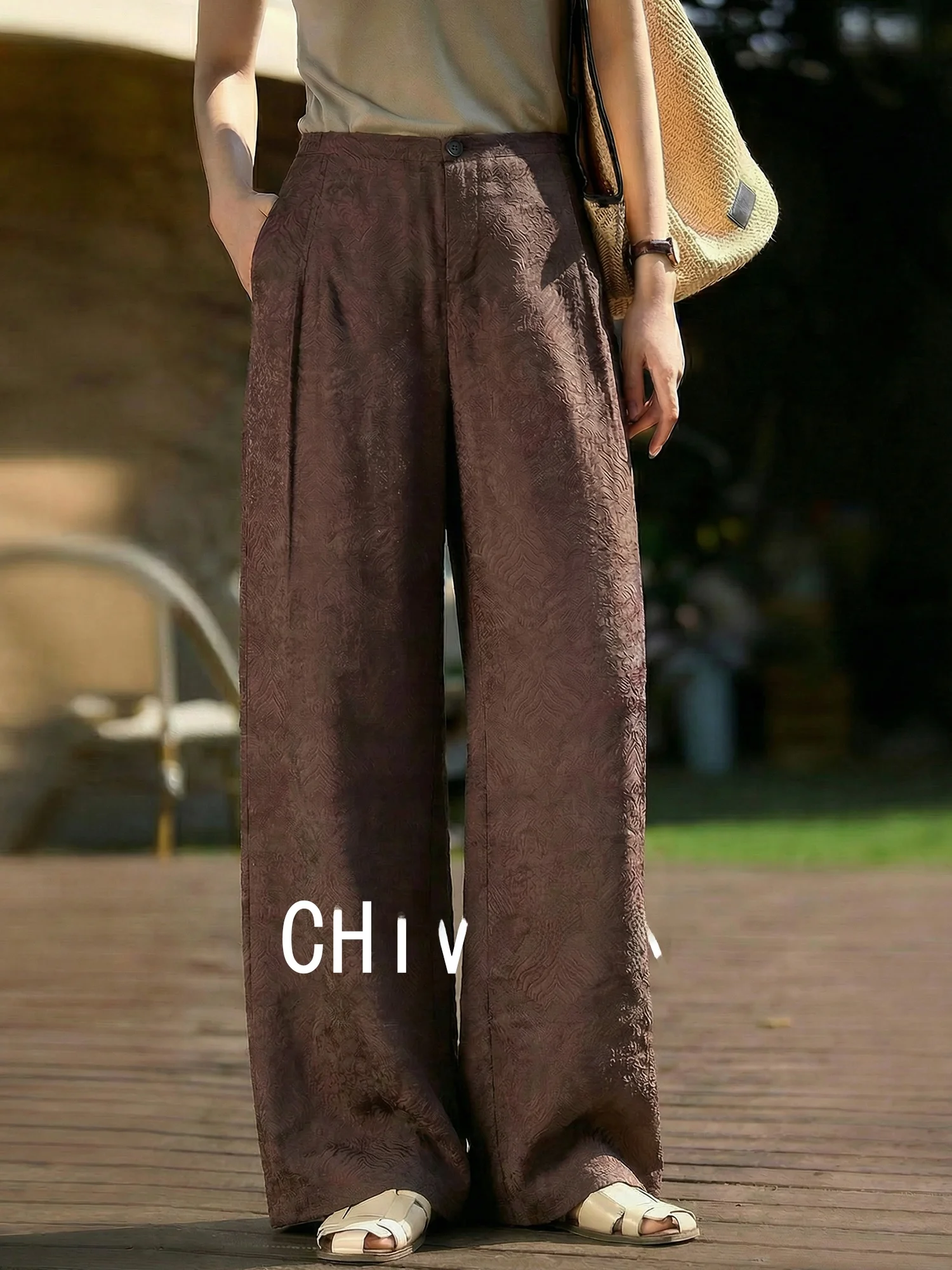 

Chivirin Luxury Linen Wide Leg Pants Women's Casual Straight Leg Trousers High Waist Coffee Color Embroidery Spring Fashion