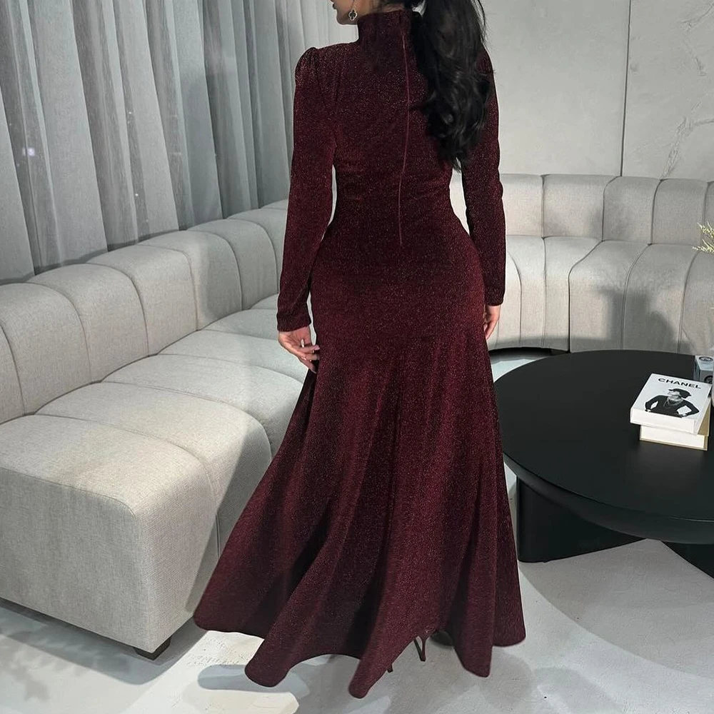 Customized Graceful Jersey A-Line Draped Evening Dress High Collar Long Sleeves Zipper Back Burgundy Bespoke Occasion Gowns