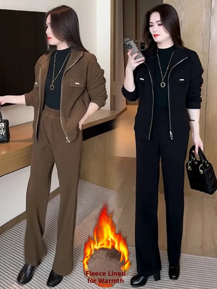 Damski zestaw sportowy Thiened Fce, modny, zimowy, nowy model, dwuczęściowy komplet, długi rękaw, zapinany na zamek, włókno poliestrowe.