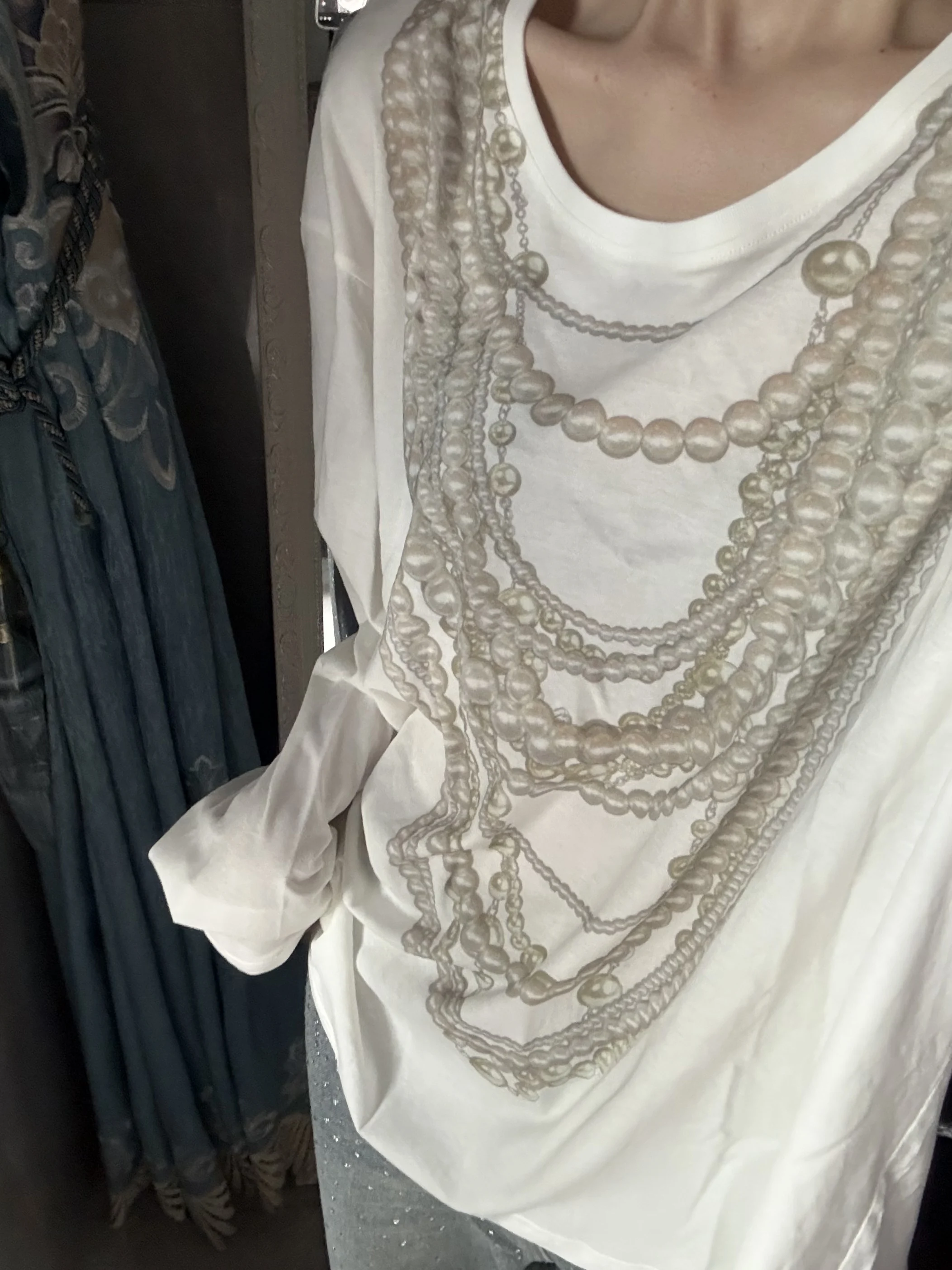 Retro American Large Pearl Necklace Printed Loose Pure Cotton Heavyweight Long Sleeve T-Shirt Women's Autumn New Style Commut...
