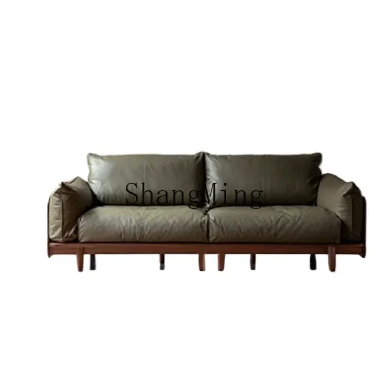 ZZJ Chinese retro solid wood sofa small apartment living room black walnut casual unique leather soft bag sofa combination